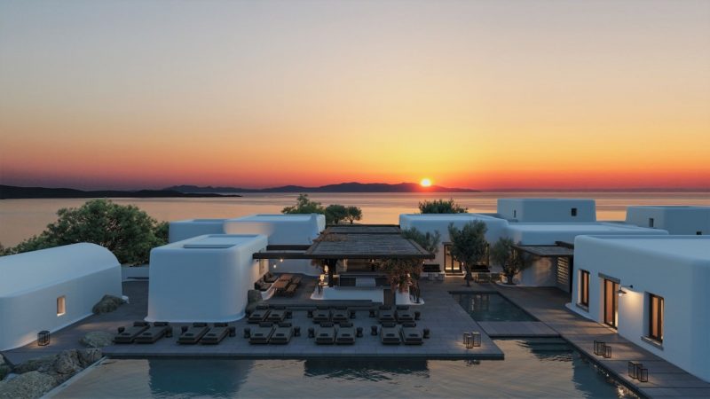 Vue aérienne au coucher du soleil de l'hotel Kalesma dans les Cyclades - Grèce | Au Tigre Vanillé