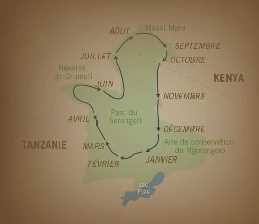 Carte de la grande migration en Tanzanie